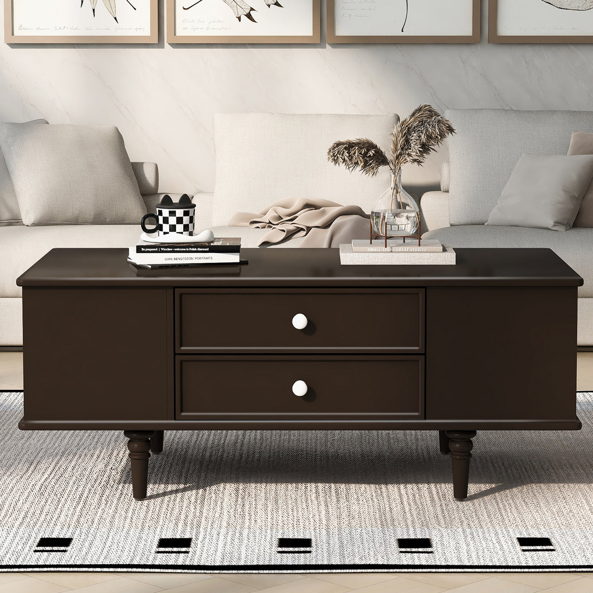 variant-group:rf-n724p286418d|Roomfitters Modern Rectangle Coffee Table with 4 Drawers and Hidden Side Storage, Solid Wood Legs, Brown