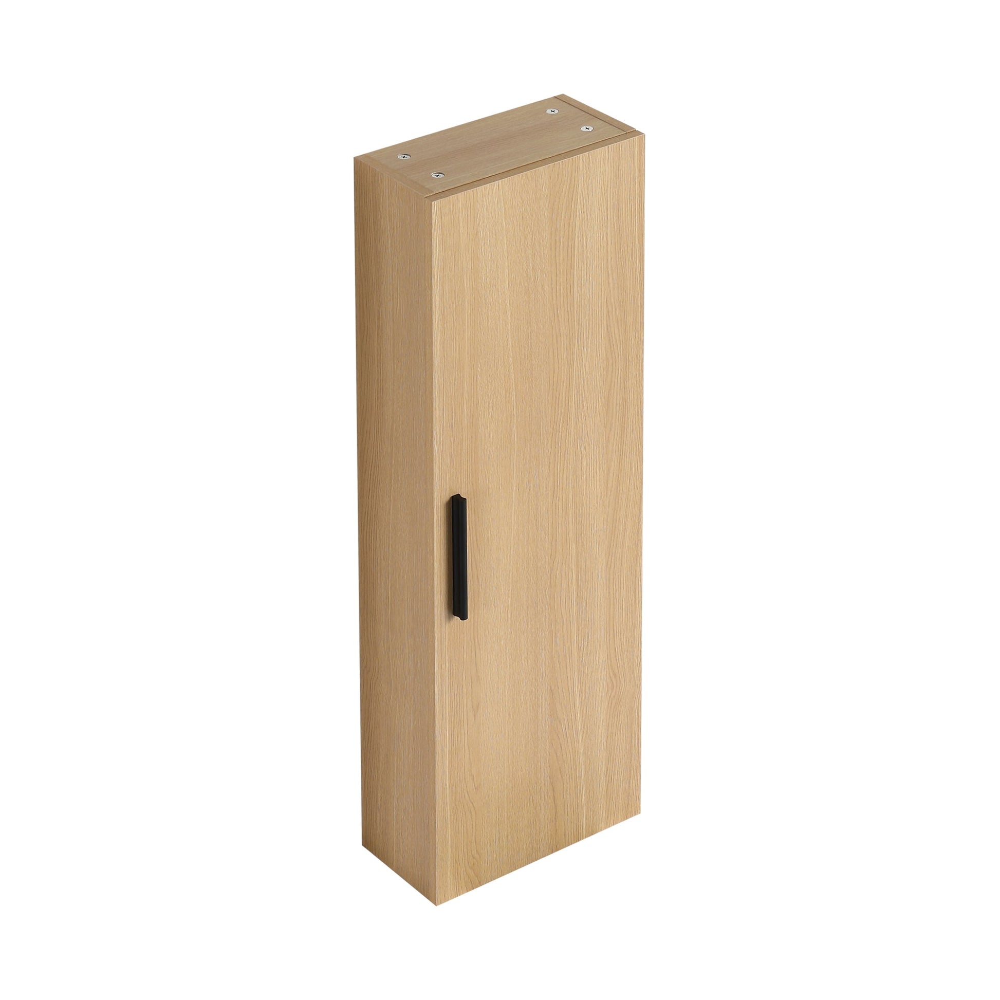 12" Tall Floating Bathroom Side Cabinet, Light Oak Plywood Linen Cabinet, Wall-Mounted Single Door Storage with Black/Aluminum Handles Roomfitters