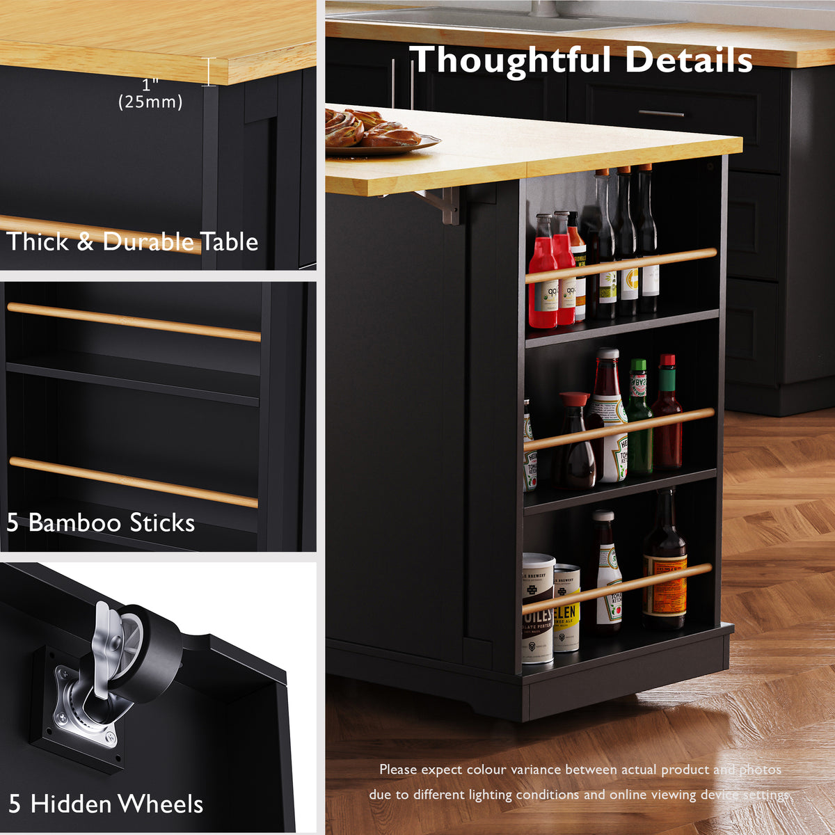 variant-group:rf-n707s257057b|Roomfitters 48" Kitchen Island with Power Outlet and Drop Leaf, Rolling Storage Cabinet with Wood Top and Spice Rack, Black