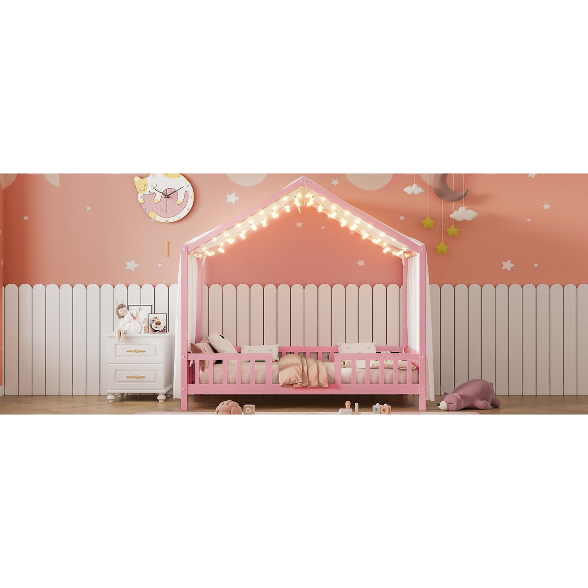 variant-group:rf-n733p356043h|Roomfitters Twin Montessori Floor Bed with Canopy, House Shape Wood Frame with Safety Rails, Youth Platform Bed, Pink