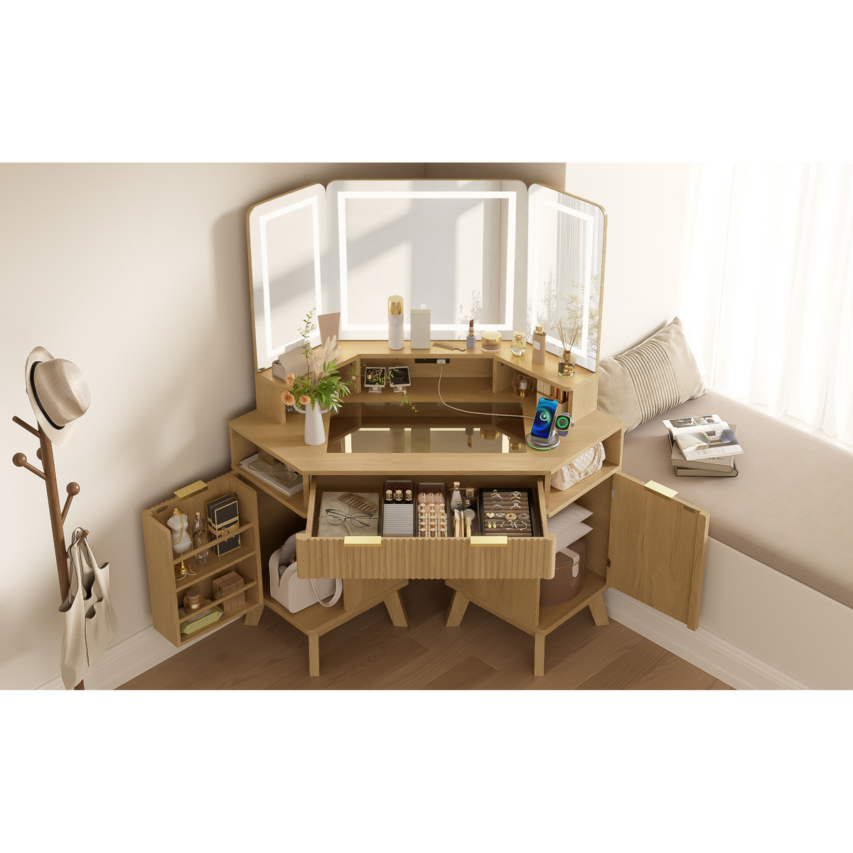 variant-group:rf-n704p392485n|Roomfitters 47.2" Corner Makeup Vanity Desk with 3-Panel LED Mirror, Glass Top, Charging Station and Storage Hutch, Oak