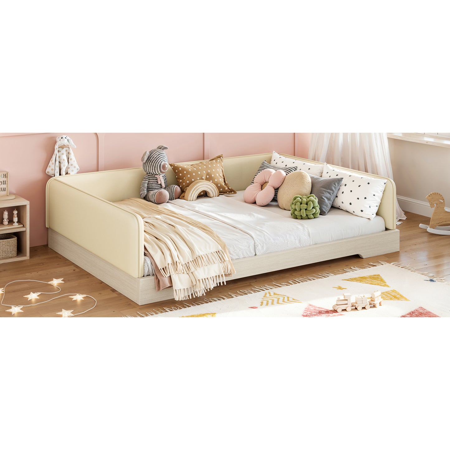 variant-group:rf-w1580s00671|Roomfitters Full Size Upholstered Floor Bed Frame with Removable Guardrails, Faux Leather Low Profile Platform, Beige
