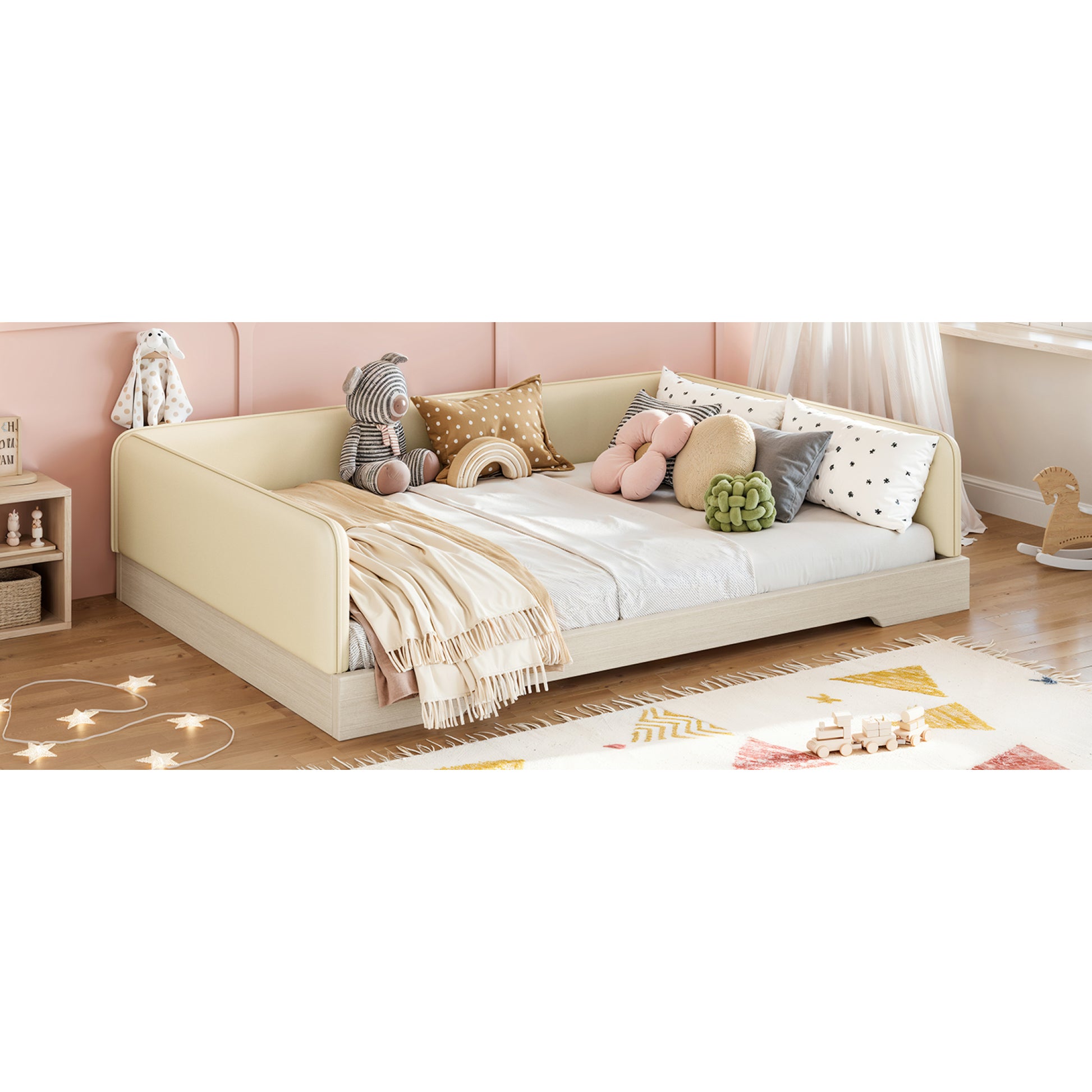 variant-group:rf-w1580s00671|Roomfitters Full Size Upholstered Floor Bed Frame with Removable Guardrails, Faux Leather Low Profile Platform, Beige