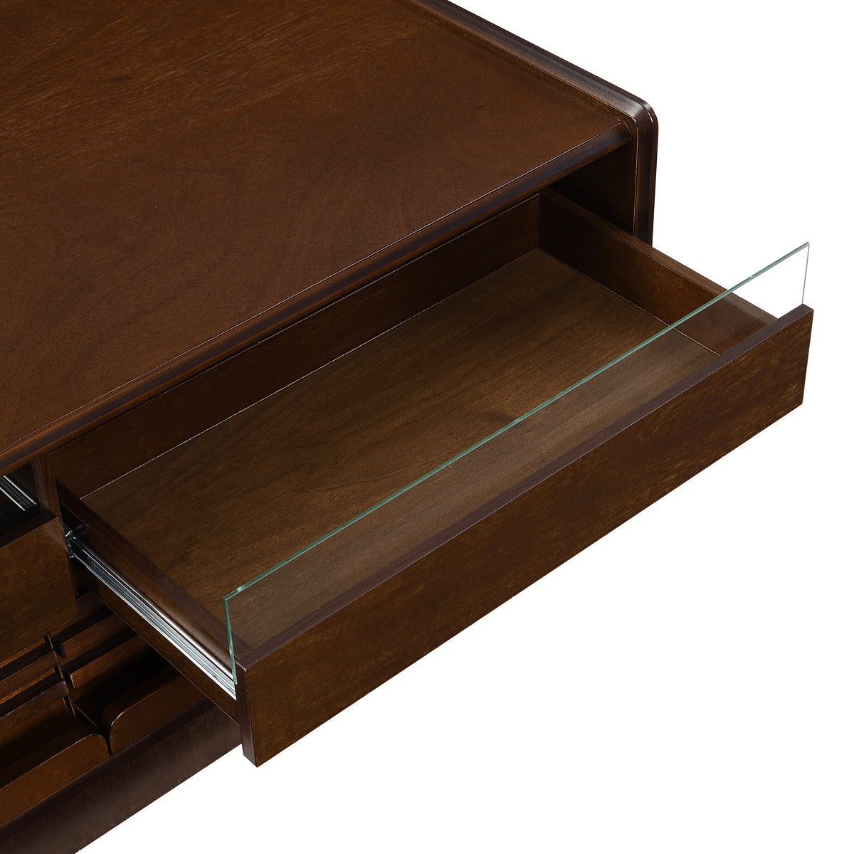variant-group:rf-n724p286421d|Roomfitters Rectangle Coffee Table with Fluted Style, 4 Storage Compartments and Glass Display Shelves, Brown