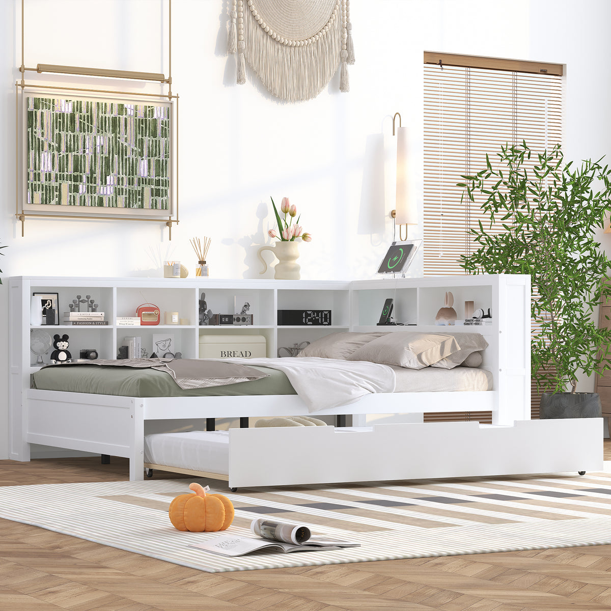 variant-group:rf-n733s347731k|Roomfitters Wooden Full Daybed with Twin Trundle, Storage Shelf & USB Charging Ports, White