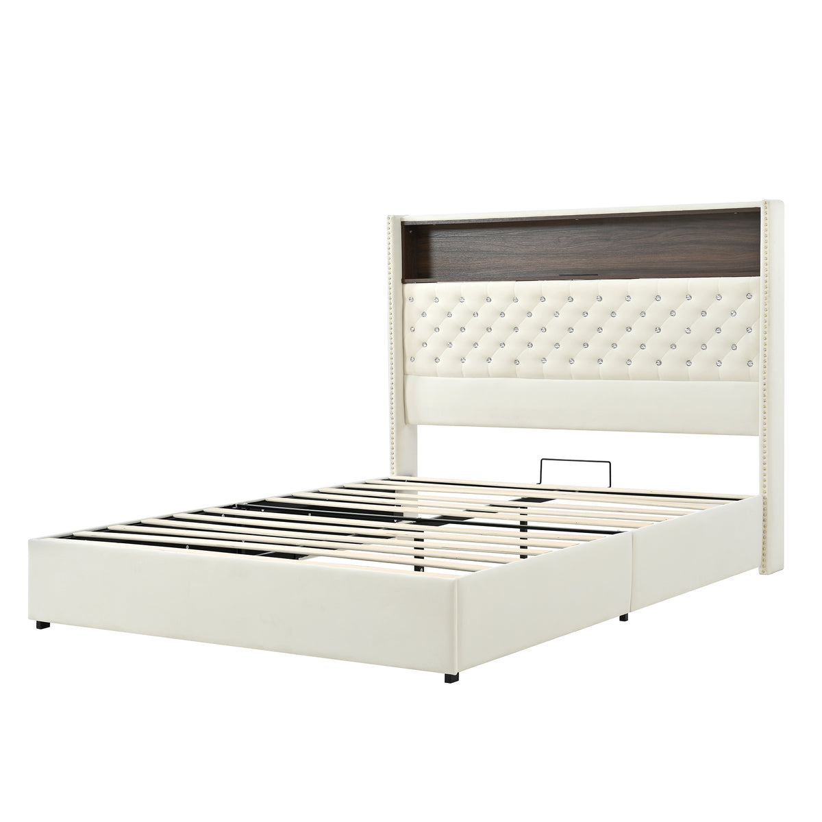 variant-group:rf-n733p367135a|Roomfitters Queen Velvet Tufted Platform Bed with Charging Ports, Tall Wingback Headboard with Rivet Trim and Shelf, Beige