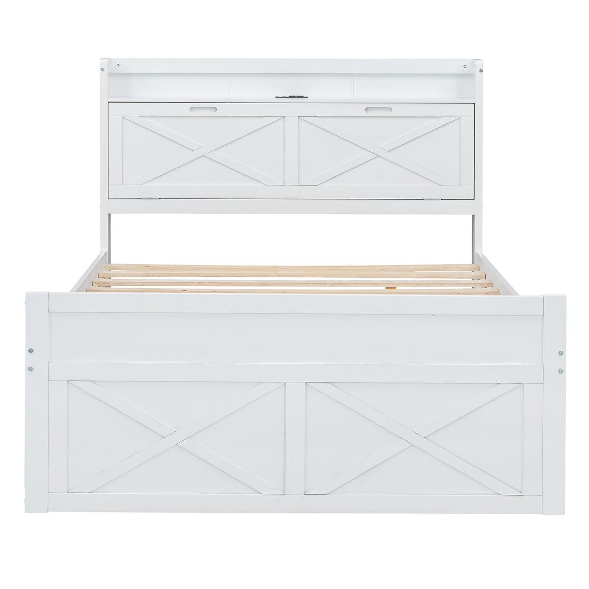 variant-group:rf-n733s172712k|Roomfitters Full Size Wooden Bed with Storage Headboard, Integrated Outlets, Extendable Frame with Twin Trundle and Additional Storage, White