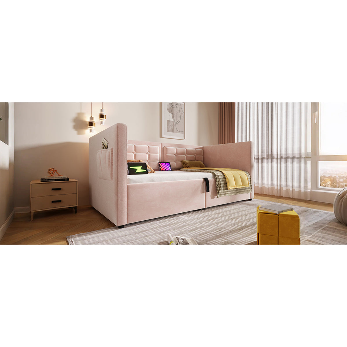 variant-group:rf-n736p303402p|Roomfitters Upholstered Twin Size Daybed with Storage, USB & Type-C Charging, Tufted Sofa Back, Velvet Pink