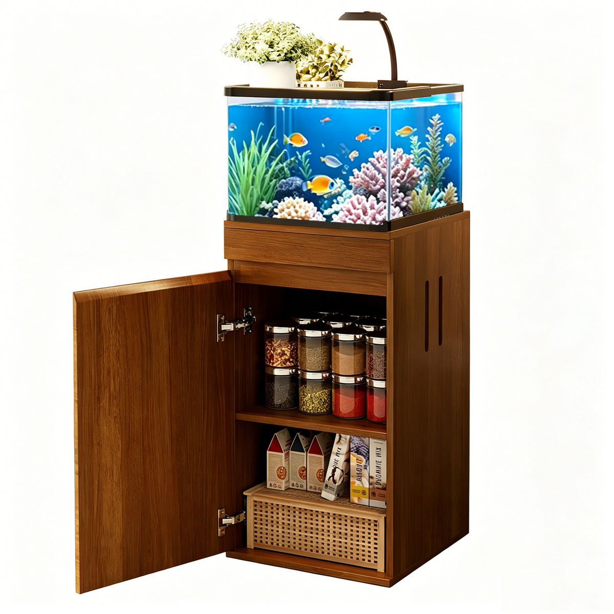 Roomfitters 10-15 Gallon Small Fish Tank Stand with Storage Cabinet and Side Power Outlets Walnut Brown Roomfitters