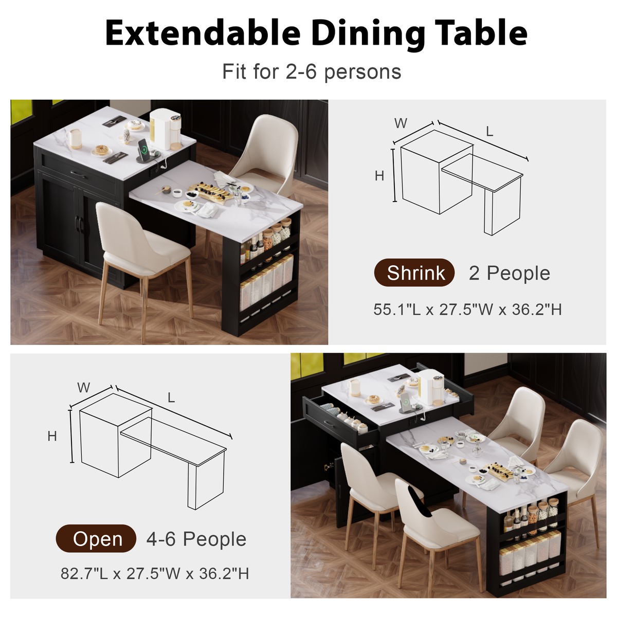 variant-group:rf-n707s000010b|Roomfitters 82.7" Kitchen Island with Extendable Table, Faux Marble Top, Double Storage, Power Outlet, Black