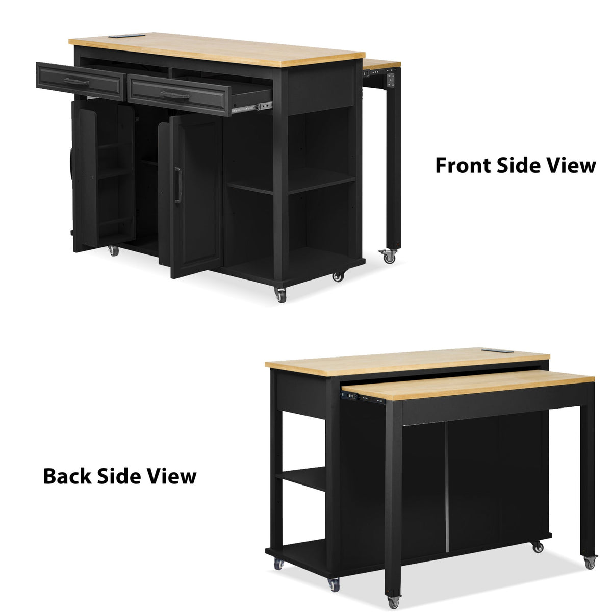 Roomfitters 47" Kitchen Island with Slide-Out Dining Table, Mobile Cart with Built-in Outlets, Internal Racks, Black