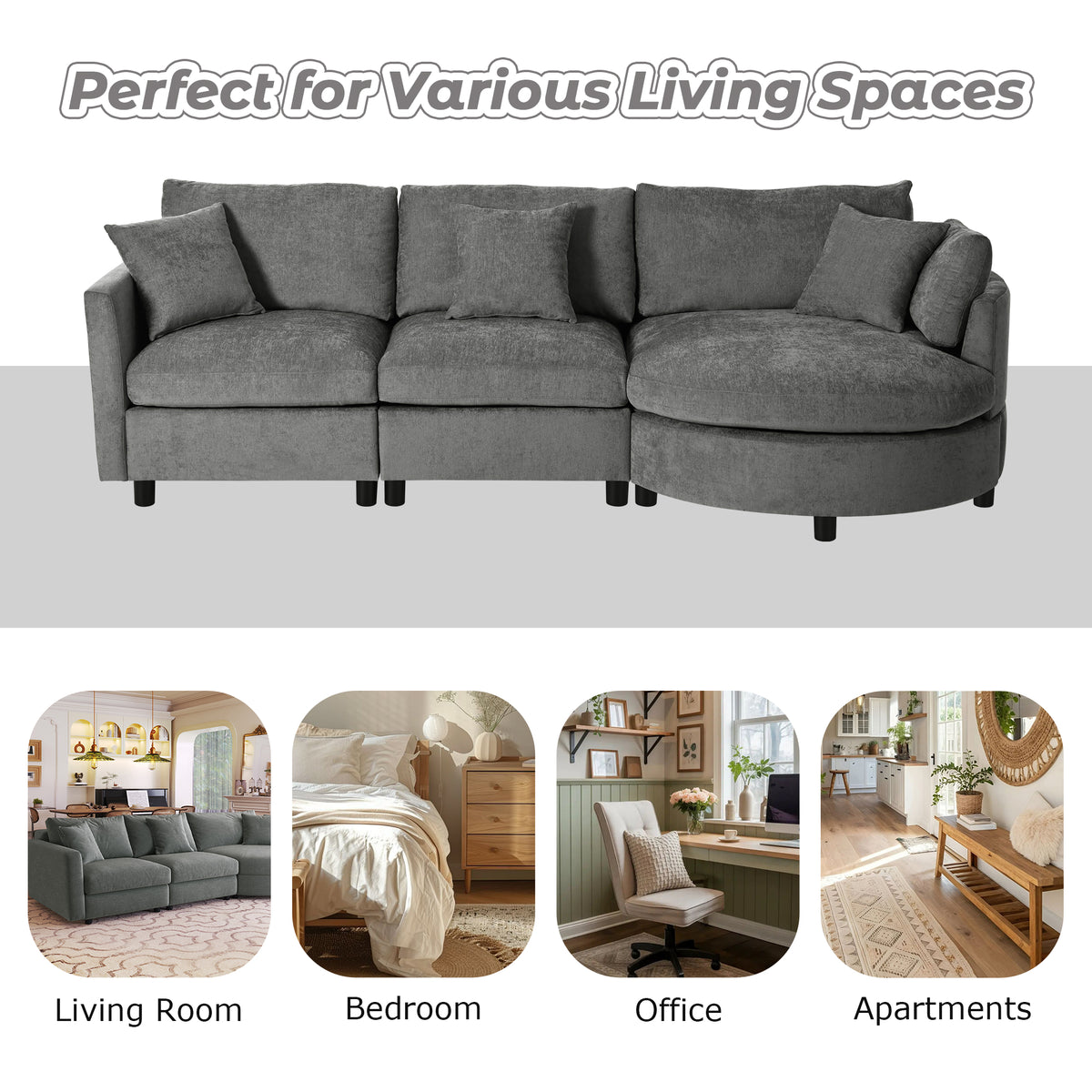 variant-group:rf-n711wy000461aae|Roomfitters 107" Chenille Fabric 3-Piece Sectional Sofa, Modern Large L-Shaped Couch with Rounded Curved Chaise, Grey