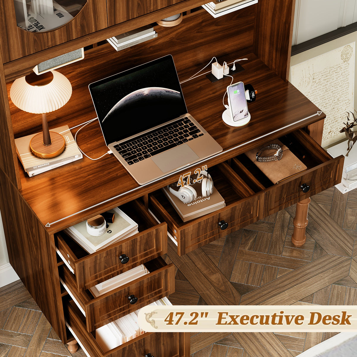 Roomfitters 47'' Retro Desk with Charging Ports and Hutch, Office Desk with 5 Storage Drawers and Glass Bookshelf, Walnut