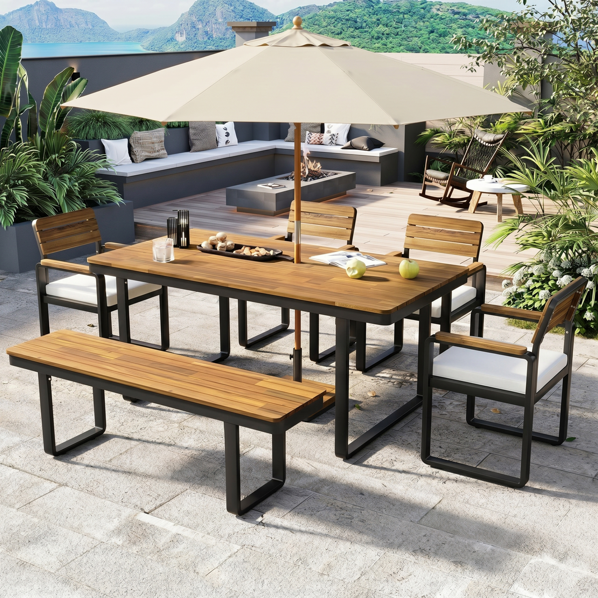 variant-group:rf-n704g201255a|Roomfitters 6-Piece Solid Acacia Wood Patio Dining Set with Steel Frames and Cushion Chairs Beige