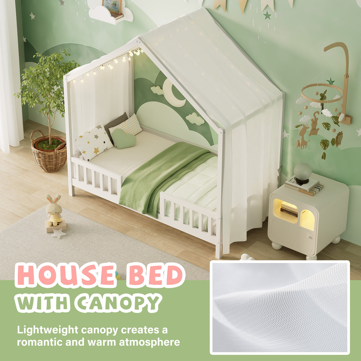 variant-group:rf-n733p356043k|Roomfitters Twin Montessori Floor Bed with Canopy, House Shape Wood Frame with Safety Rails, Youth Platform Bed, White