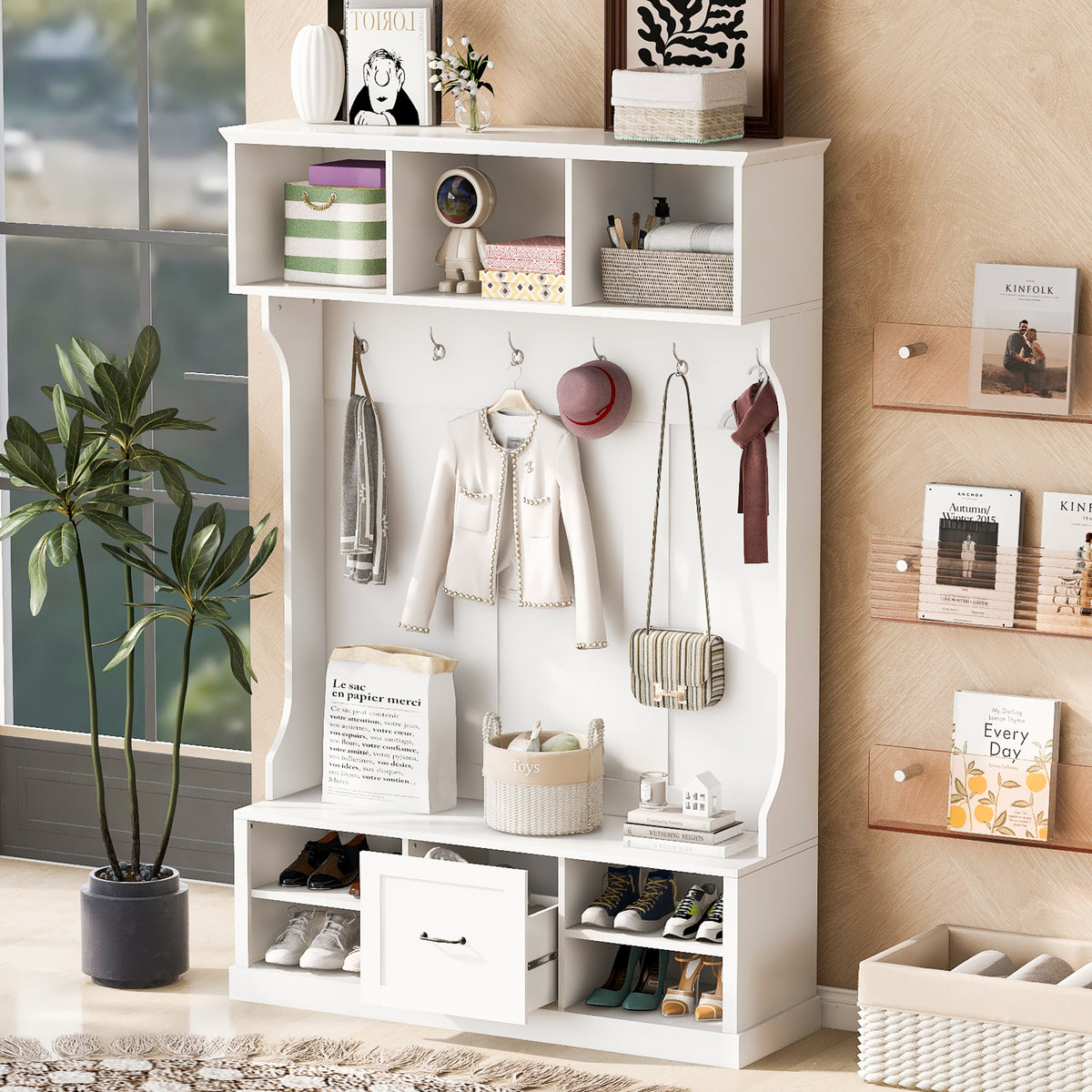 variant-group:rf-n724p264673k|Roomfitters 3-in-1 Hall Tree with 6 Hooks, Coat Rack and Entryway Bench, 57" Organizer with Drawer for Hallway or Living Room, White