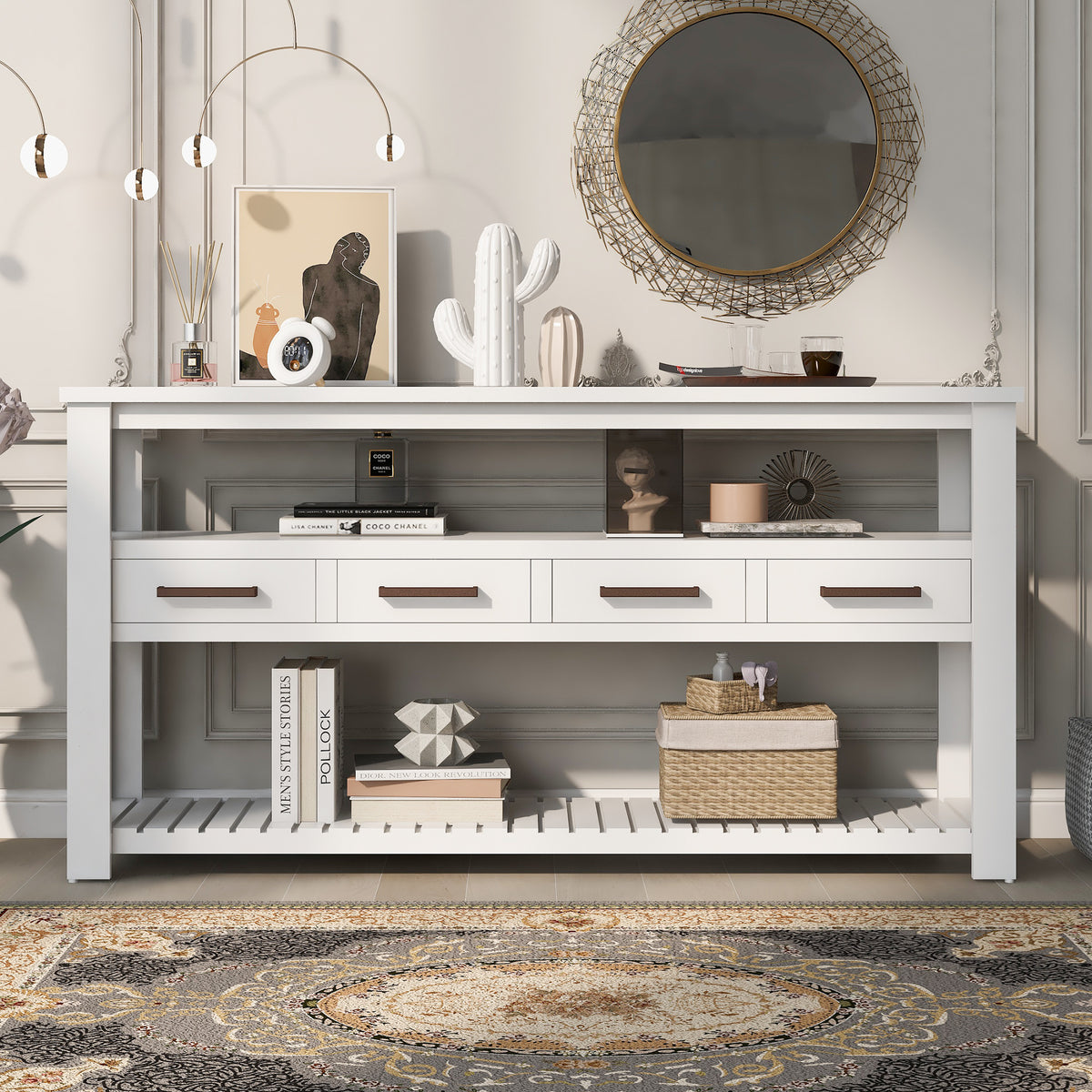 variant-group:rf-n711p410406k|Roomfitters 61.5" Entryway Table with 4 Drawers, 3-Tier Console Sofa Table with Open Shelves for Hallway, White