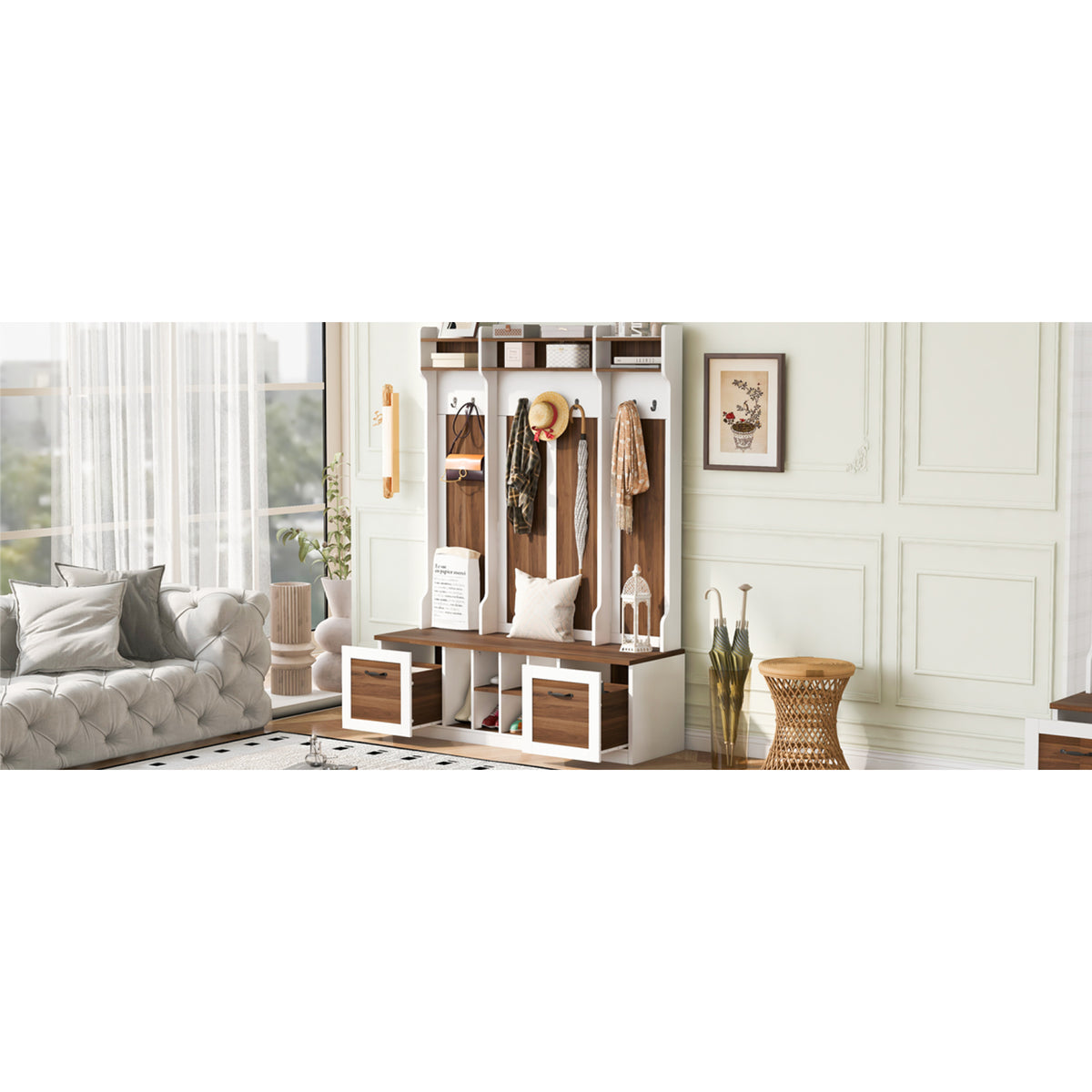 variant-group:rf-n724p235232d|Roomfitters 5-in-1 Entryway Bench with Coat Rack, Hooks, Drawers and Adjustable Shelves, Hall Tree for Hallway or Living Room, Brown+White