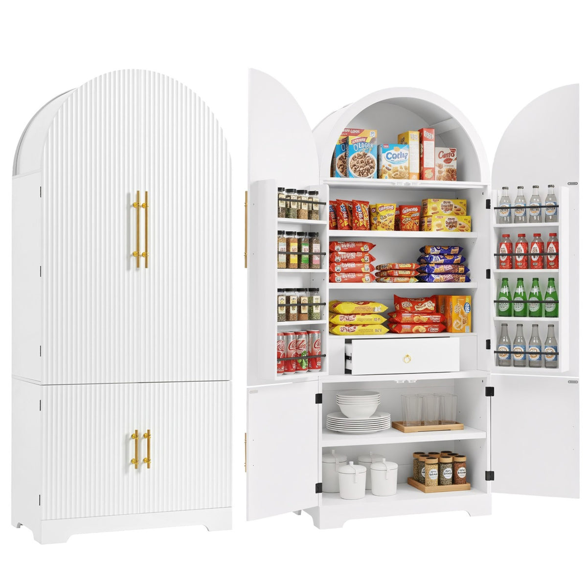 variant-group:rf-n707s000020w|Roomfitters 72" Tall Arched Kitchen Pantry Cabinet with Fluted Doors & Hidden Drawer, White
