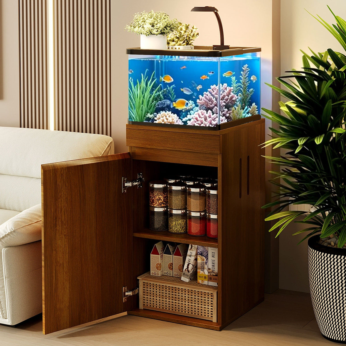 Roomfitters 10-15 Gallon Small Fish Tank Stand with Storage Cabinet and Side Power Outlets Walnut Brown Roomfitters