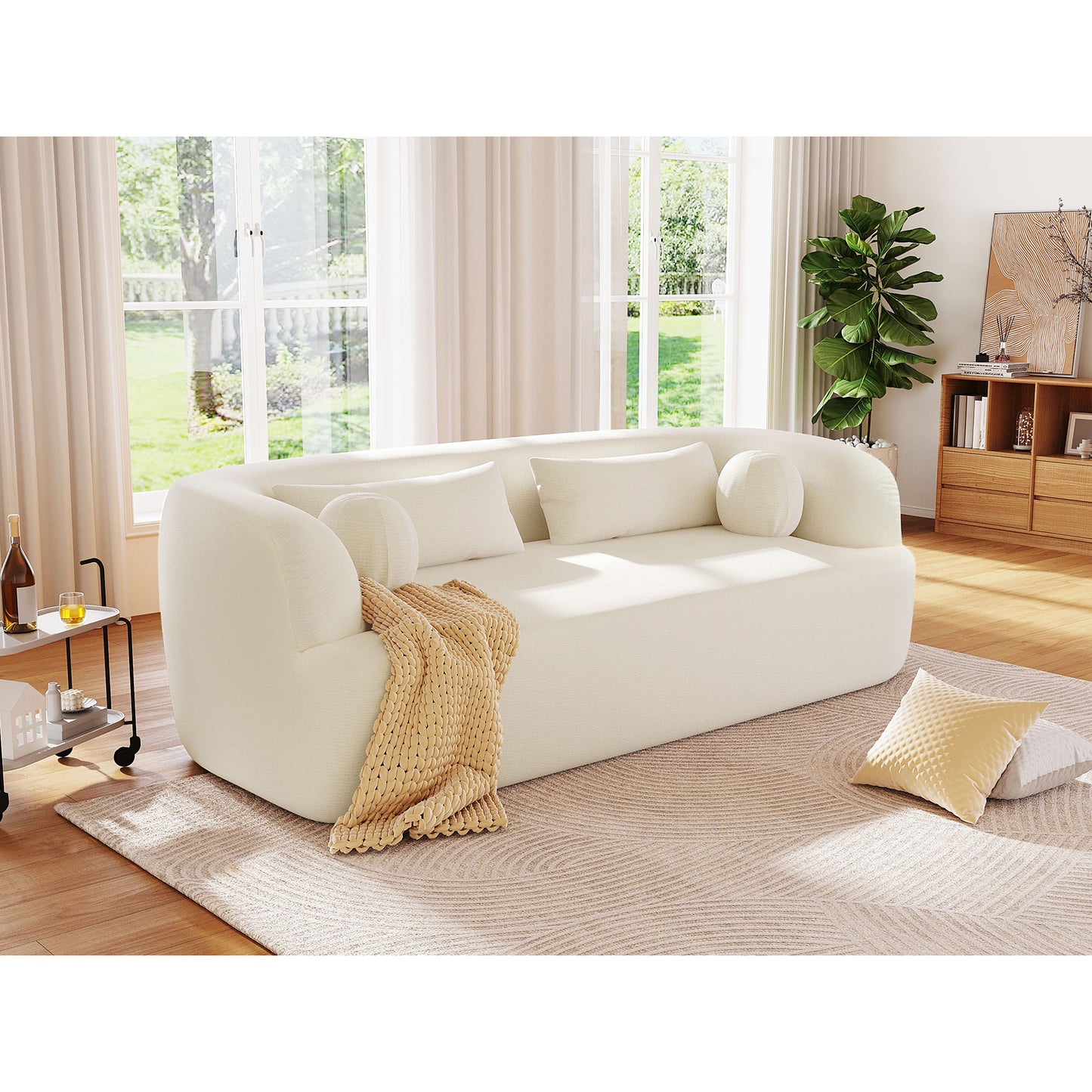 variant-group:rf-n723p404465a|Roomfitters 86 Inch Modern Curvy Sofa, 3-Seater Rounded Upholstered Couch with Plush Throw Pillows for Living Room, Beige