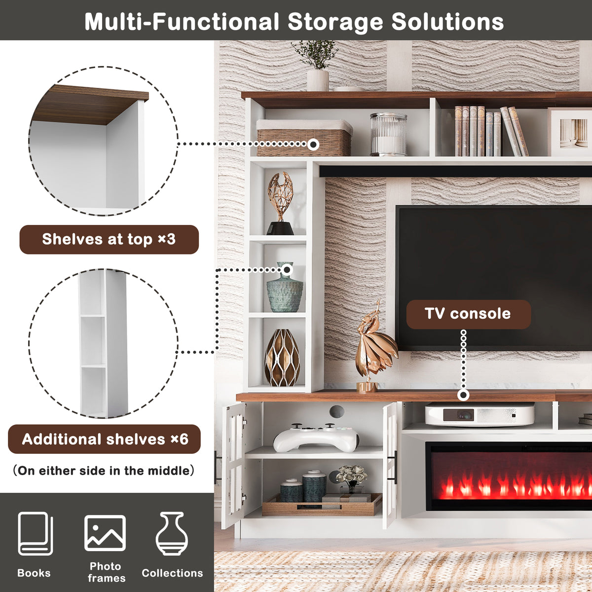variant-group:rf-n724sj000159aak|Roomfitters 95.5"W Large Wall Unit Entertainment Center, 39" LED Fireplace, White & Walnut
