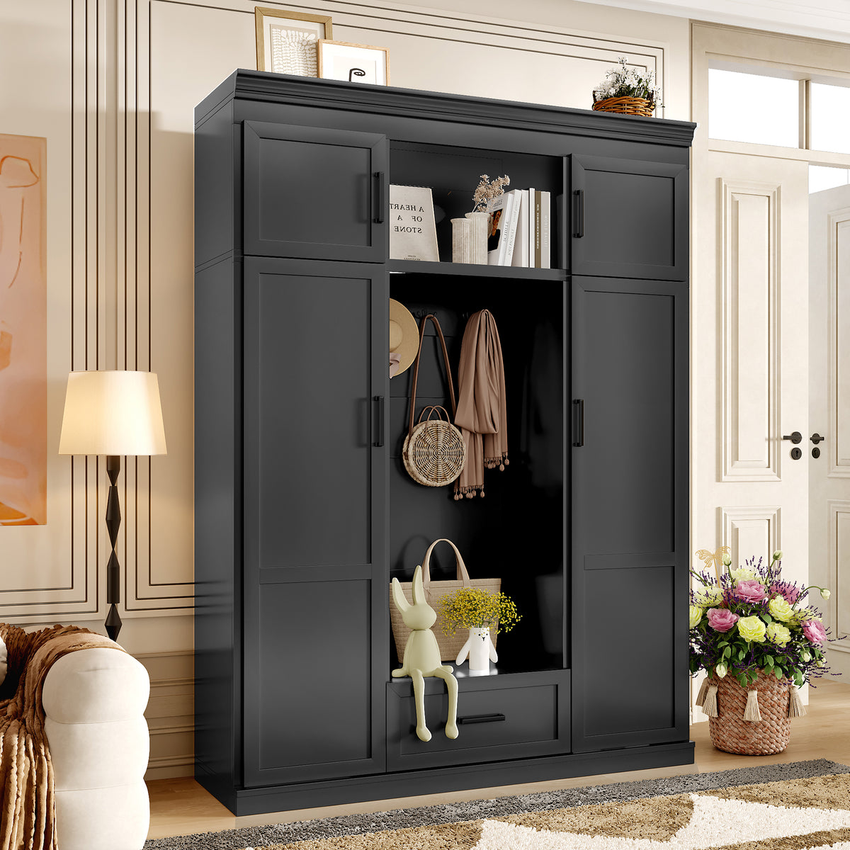 variant-group:rf-n724sj000140aab|Roomfitters 85.2" Hall Tree with Bench, 3 Hooks, 4 Doors, 1 Drawer and Adjustable Storage Shelves, Black