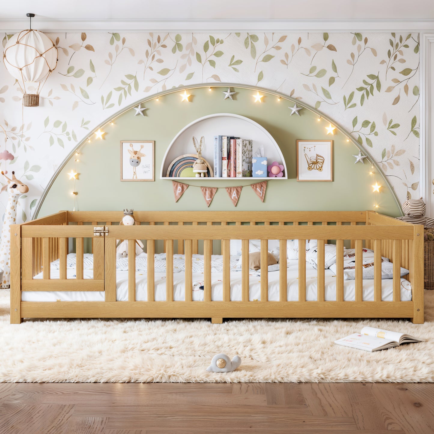 variant-group:rf-w1580p462325|Roomfitters Queen Size Wooden Floor Bed Frame with Safety Guardrails Door, Solid Wood Low Profile Toddler Play Bed, Natural