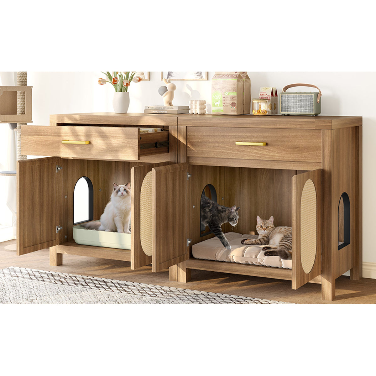 Roomfitters Espresso Cat Litter Box Enclosure End Table Nightstand with Sisal Scratching Pad Cabinet Doors Roomfitters