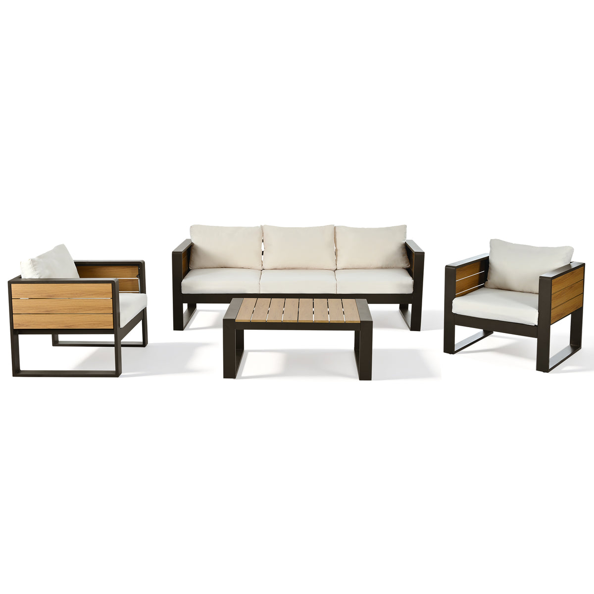 variant-group:rf-n704g201257a|Roomfitters 4-Piece Aluminum Patio Conversation Set with Four Fold-Out Side Trays and Slatted Coffee Table Beige