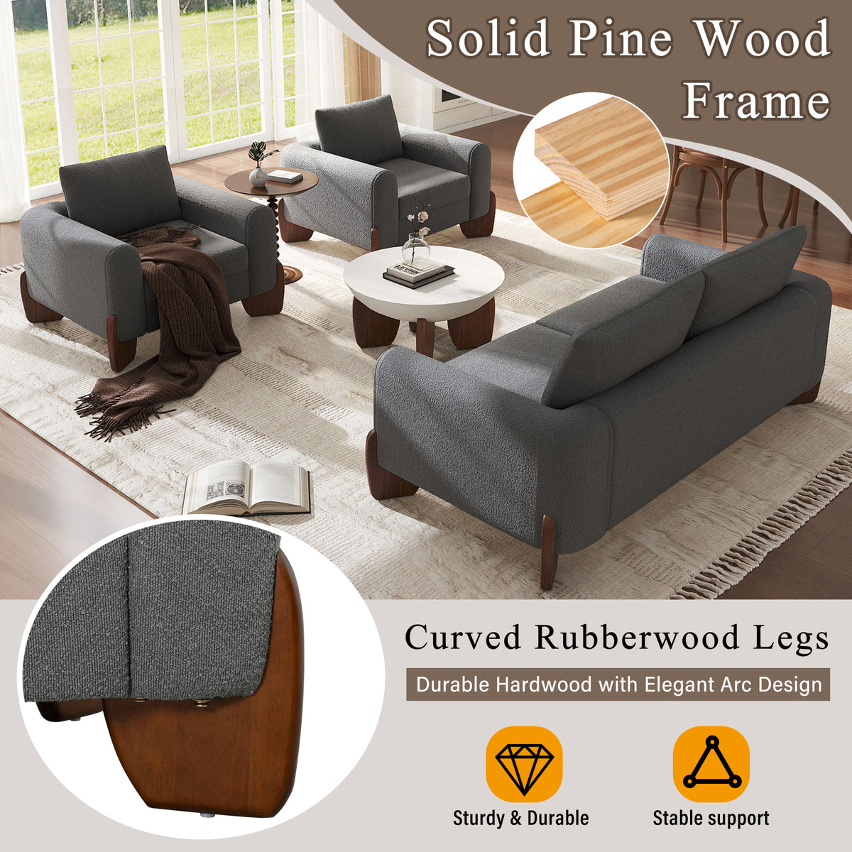 variant-group:rf-n711wy000479aae|Roomfitters Modern 3-Piece Living Room Sofa Set, Bouclé Fabric Loveseat and 2 Armchairs Pack, Grey Pinewood Lounge