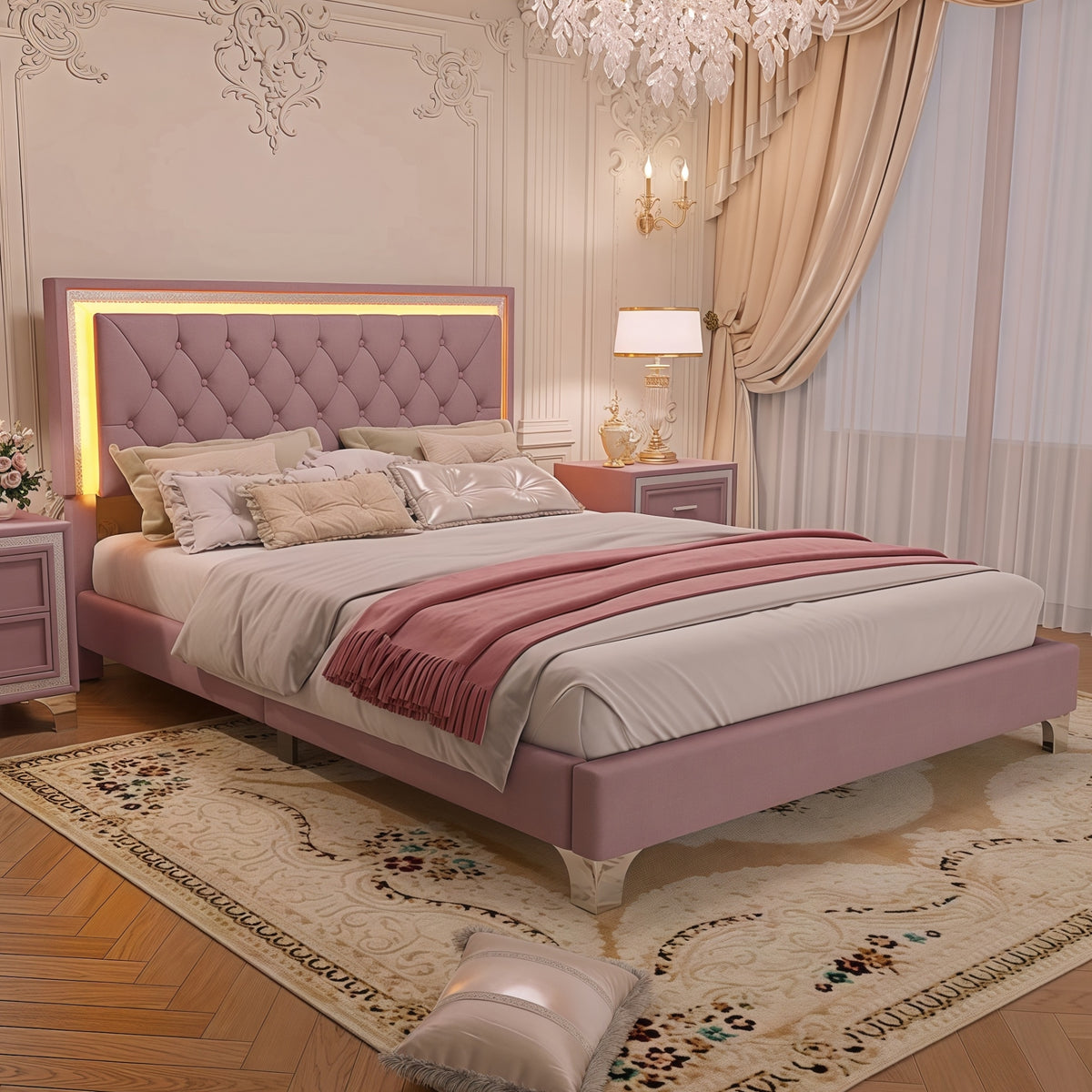 variant-group:rf-n733p183657h|Roomfitters Modern Velvet Queen Platform Bed with Tufted Headboard and Built-In Lighting, Pink