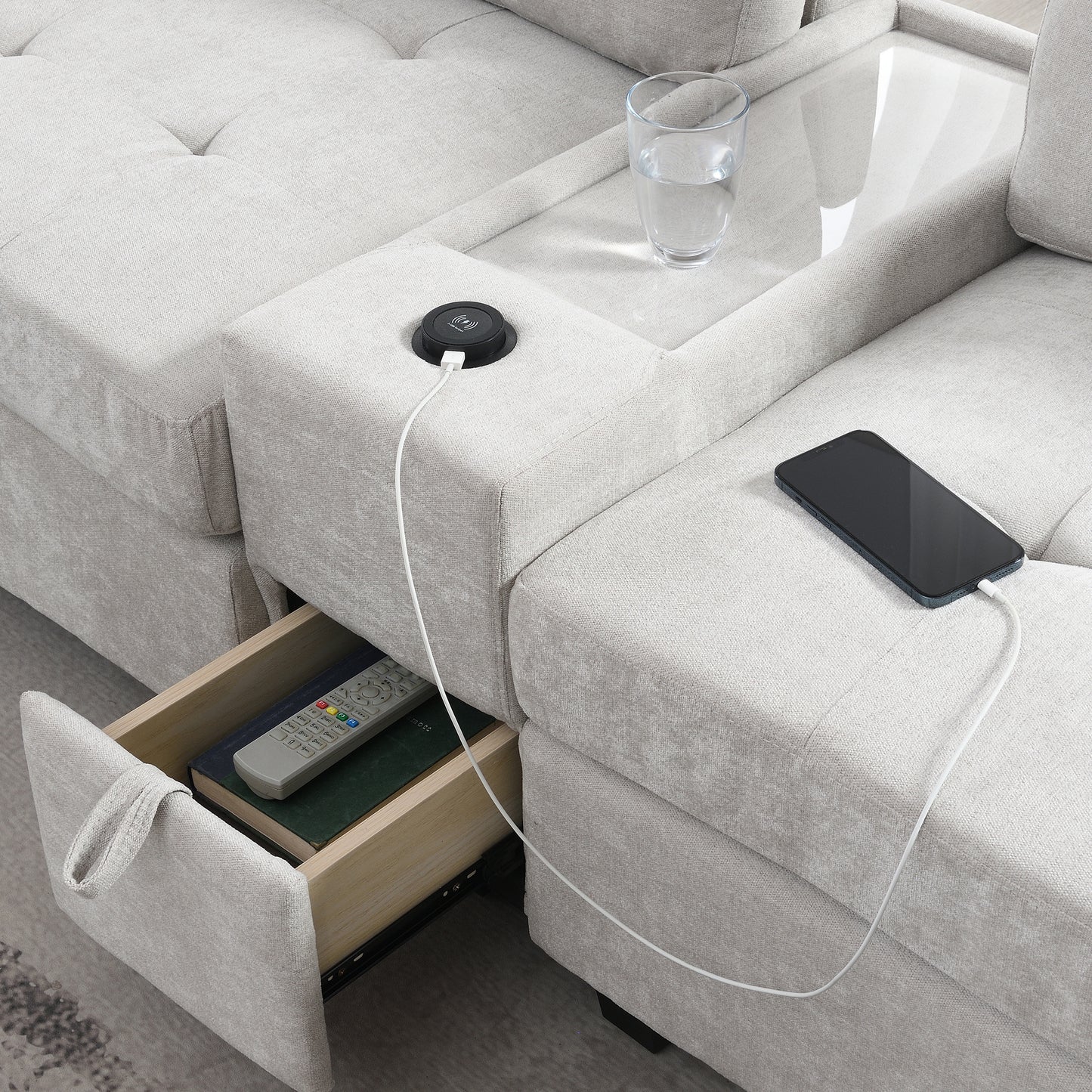 variant-group:rf-n723s1191k|Roomfitters 104 Inch Modular Sectional Sofa with Console and Cup Holders, Upholstered L-Shape Couch for Home Decor, Light Gray