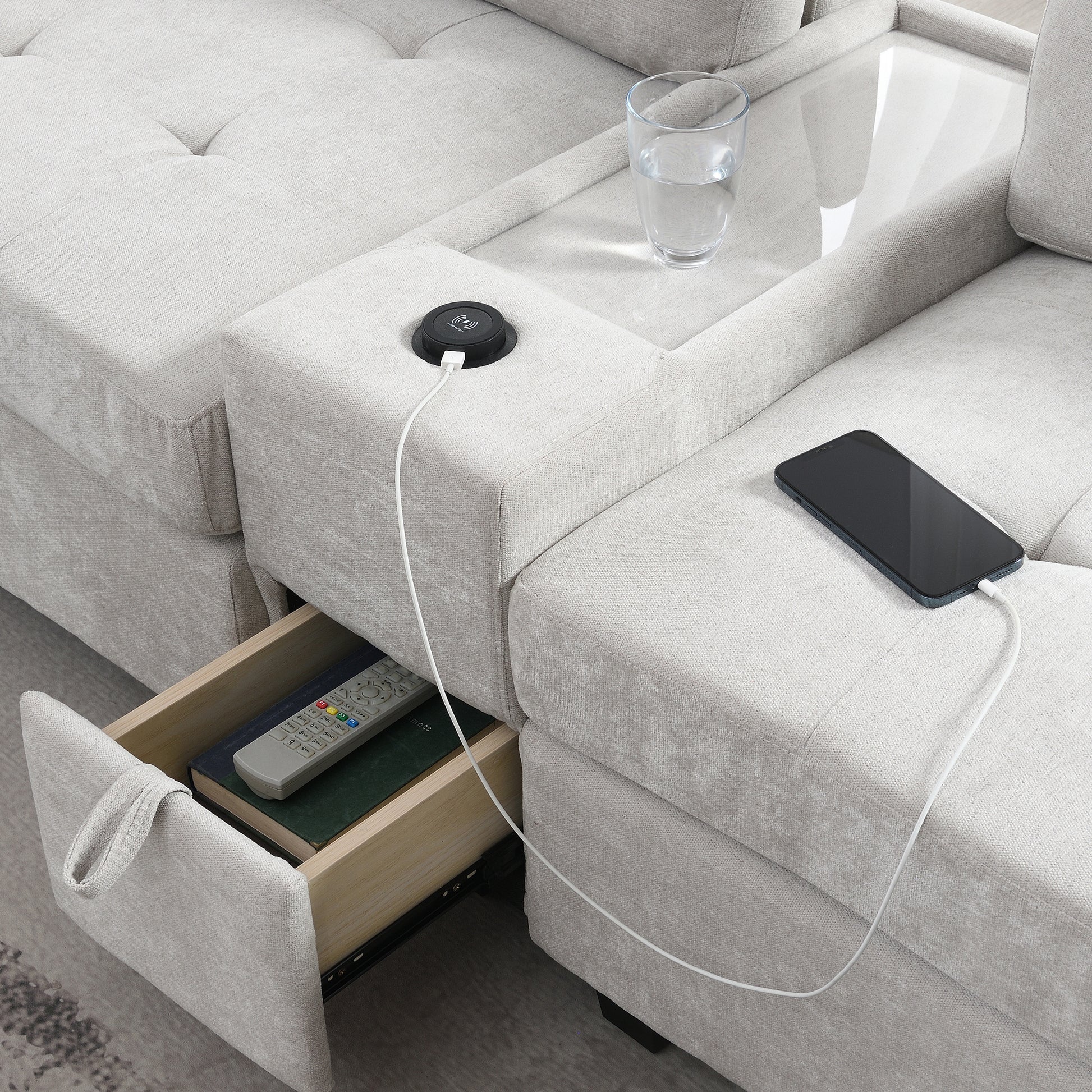 variant-group:rf-n723s1191k|Roomfitters 104 Inch Modular Sectional Sofa with Console and Cup Holders, Upholstered L-Shape Couch for Home Decor, Light Gray
