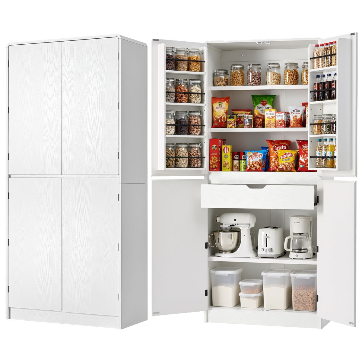 variant-group:rf-n707s000021w|Roomfitters 72" Tall Farmhouse Kitchen Pantry Cabinet with Curved Profile & 8 Door Shelves, White