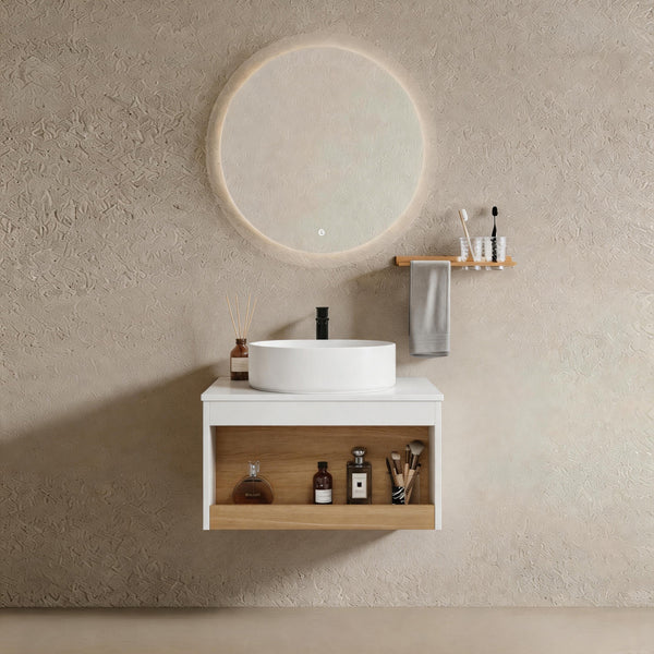 24" Floating Bathroom Vanity with Glossy White Round Vessel Sink, Wall-Mounted Vanity with Open Shelf Storage, White Finish with Durable Countertop, Space-Saving Modern Design (Ships in 2 Boxes)