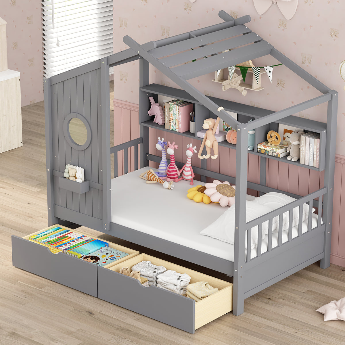 variant-group:rf-n733s308483e|Roomfitters Wooden Twin Size House Bed with 2 Drawers and Storage Shelf, Gray