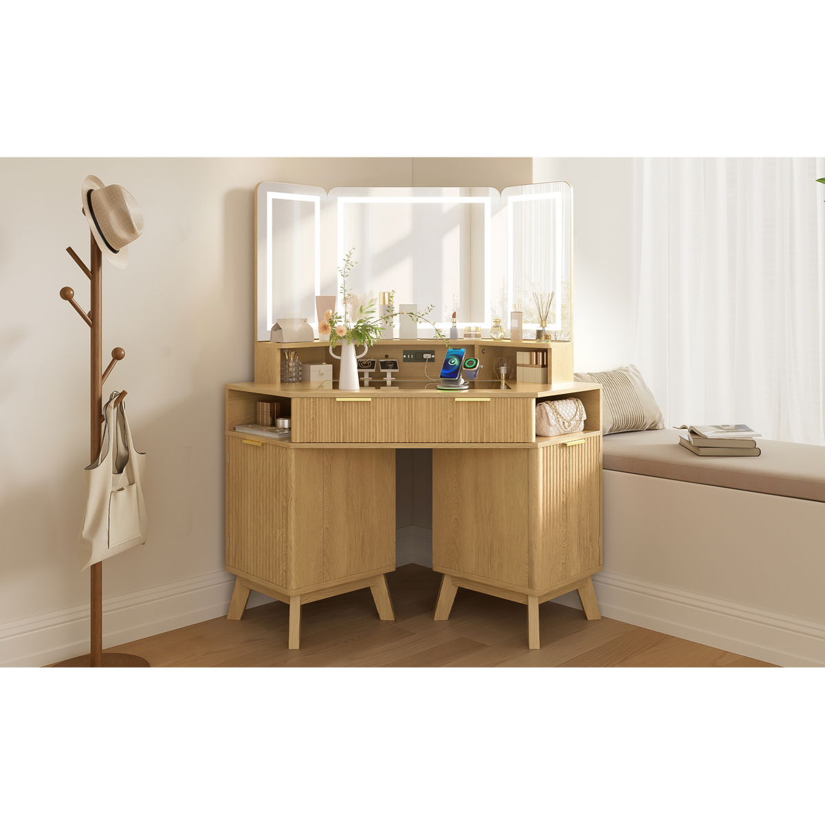 variant-group:rf-n704p392485n|Roomfitters 47.2" Corner Makeup Vanity Desk with 3-Panel LED Mirror, Glass Top, Charging Station and Storage Hutch, Oak