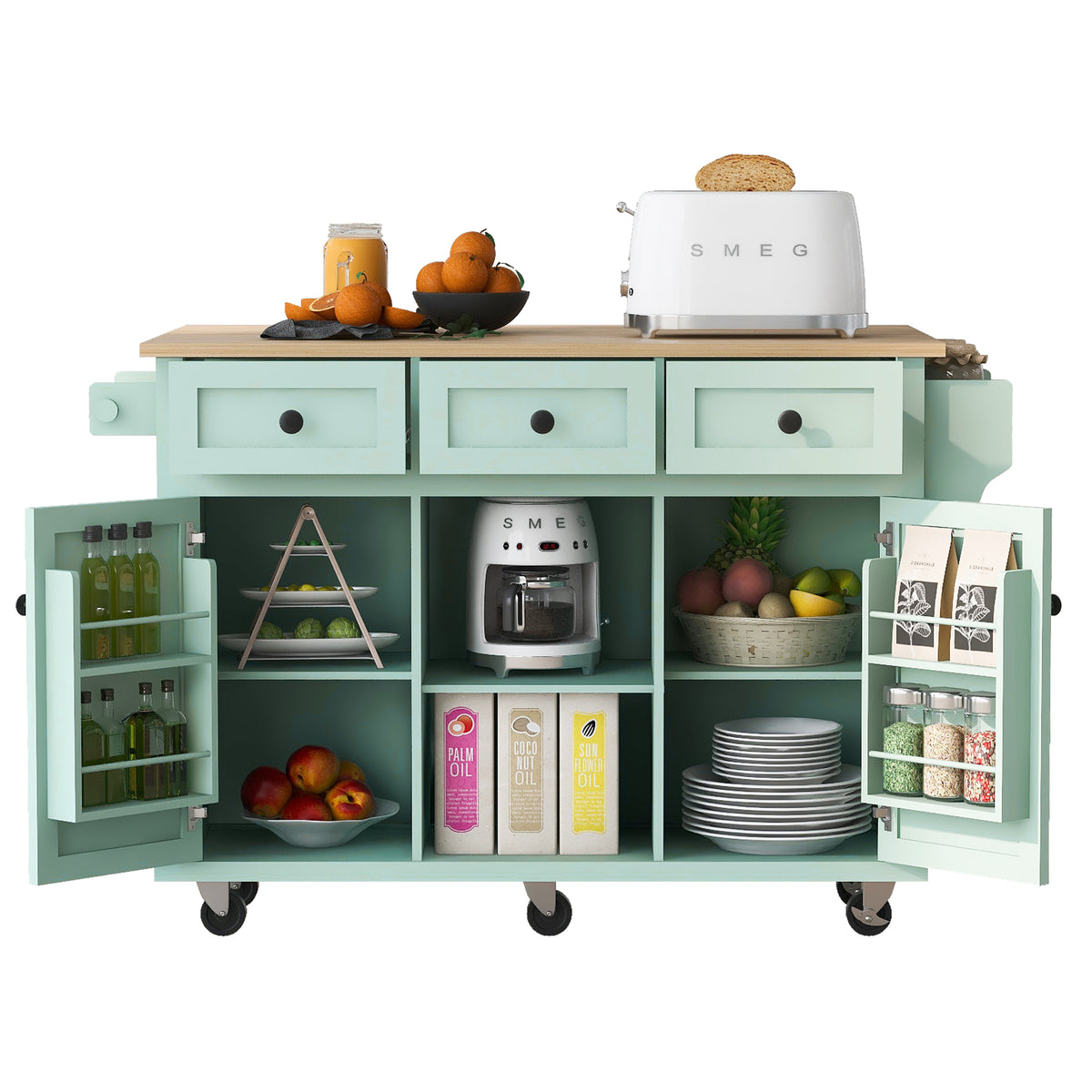 variant-group:rf-n707wf298028aae|Roomfitters Kitchen Cart with Rubber Wood Drop-Leaf Countertop, Cabinet Door Storage Racks, 5-Wheel Kitchen Island with Storage Cabinet & 3 Drawers, Mint Green