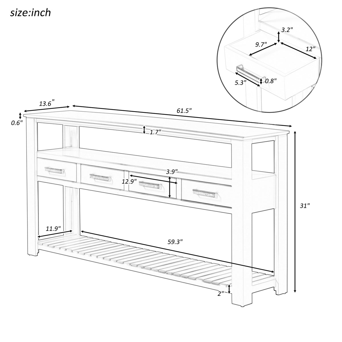 variant-group:rf-n711p410406v|Roomfitters 61.5" Entryway Table with 4 Drawers, 3-Tier Console Sofa Table with Open Shelves for Hallway, Navy Blue