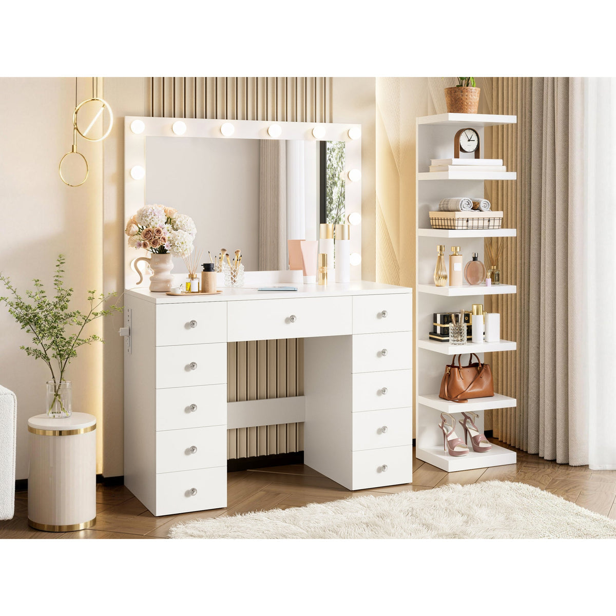 Roomfitters White Makeup Vanity Desk with 11 Hollywood LED Bulbs 7-Tier Side Storage Display Shelves and 11 Drawers Roomfitters