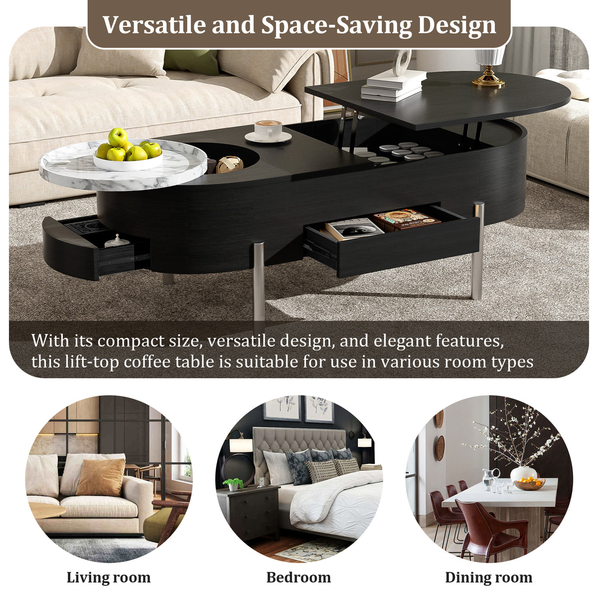 variant-group:rf-n724p228920b|Roomfitters Lift Top Oval Coffee Table with Rotating Marble Tray and Hidden Compartment, Black