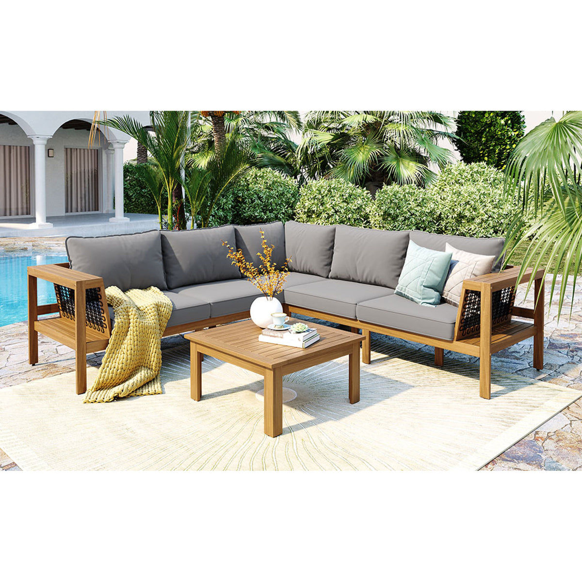 variant-group:rf-n704f201249e|Roomfitters 4-Piece Outdoor Sectional Sofa Set with Coffee Table and Built-in Side Shelves, Wood Frame, Gray+Natural