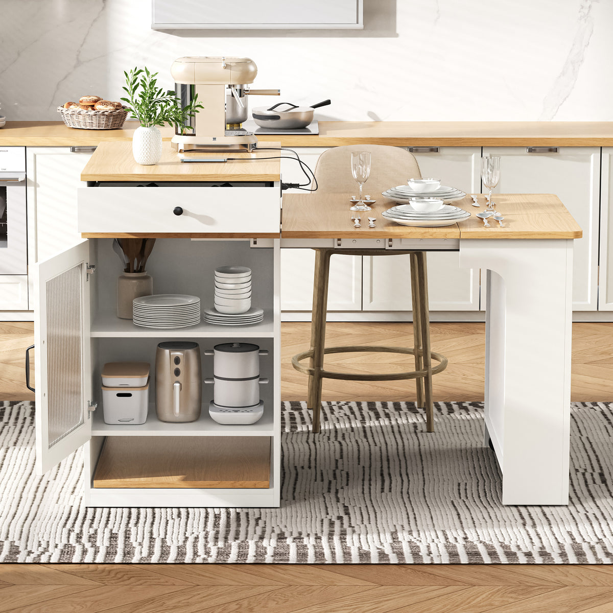 variant-group:rf-n707s000017w|Roomfitters 59.5" Kitchen Island with 41.8" Extendable Dining Table, Double-Sided Storage, Power Outlet, 2 Drawers, White