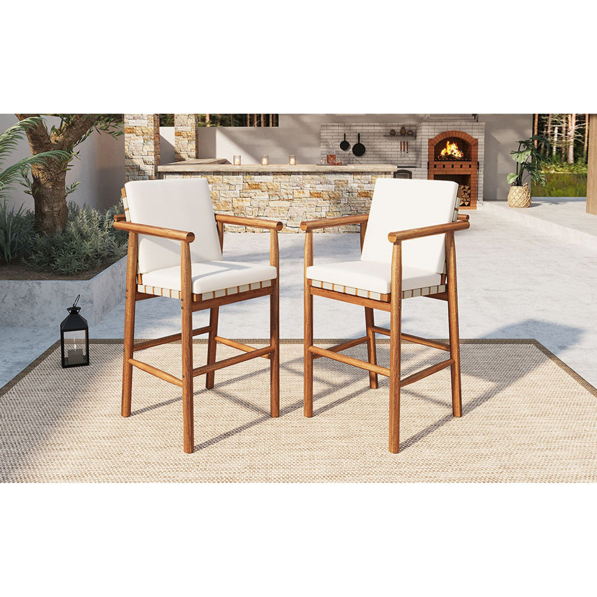 Roomfitters Set of 2 Outdoor Bar Stools with Beige Cushions, Natural Wood High Chairs for Patio Balcony Kitchen, Natural Roomfitters
