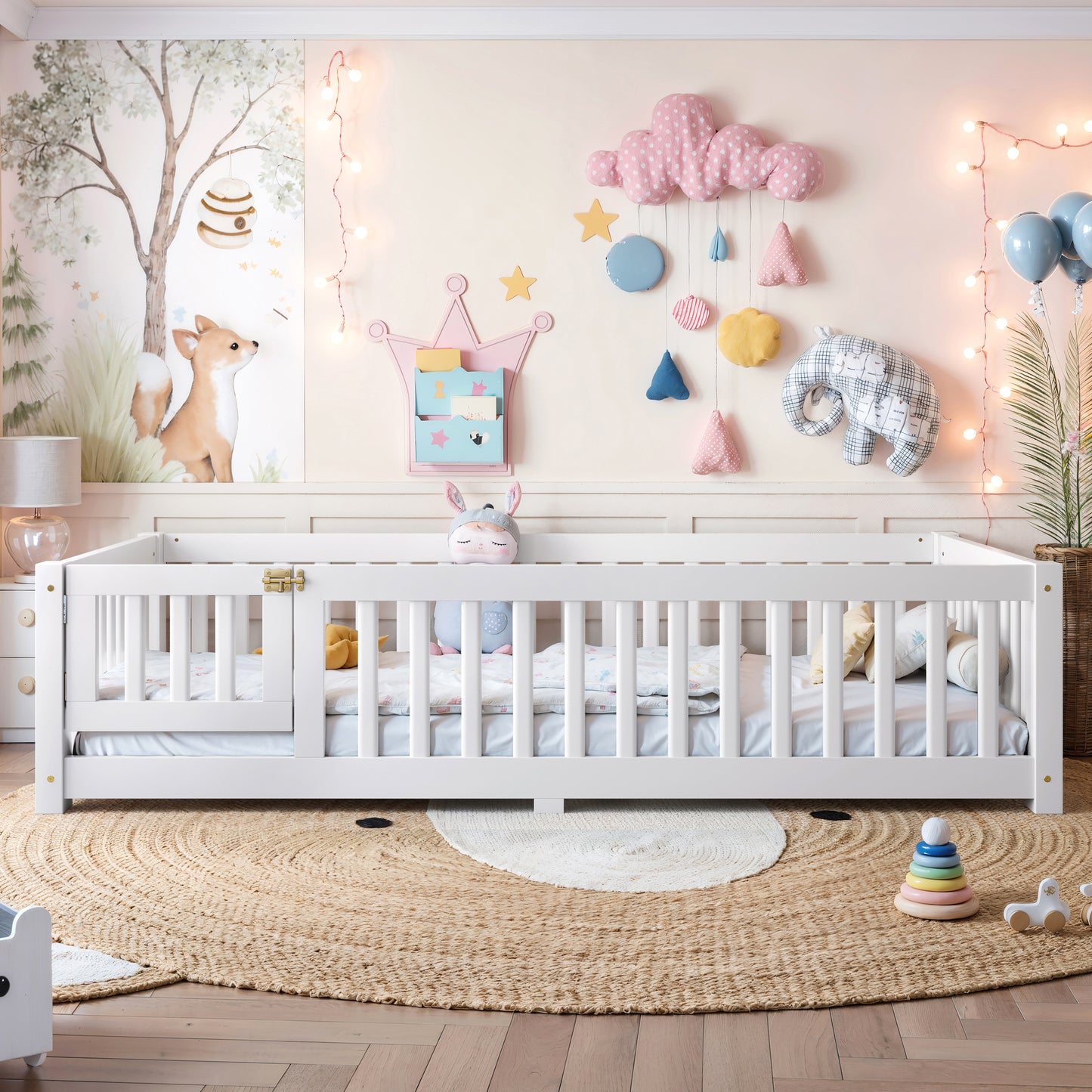 variant-group:rf-w1580p462311|Roomfitters Twin Size Wooden Floor Bed Frame with Safety Guardrails Door, Solid Wood Low Profile Toddler Play Bed, White