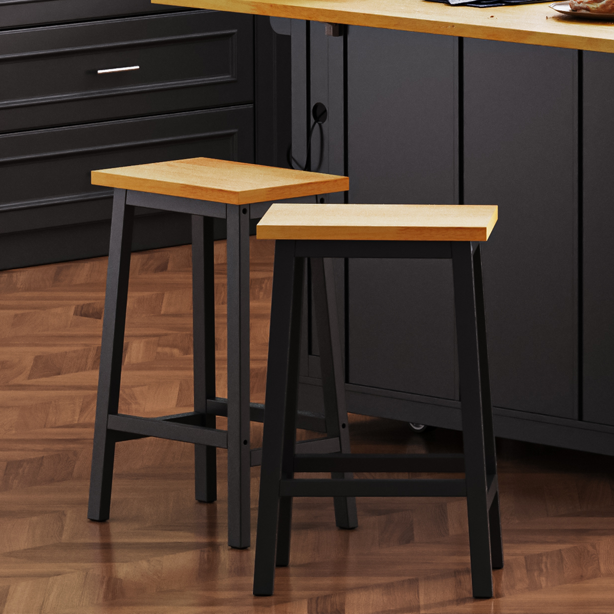 variant-group:rf-n707p185529b|Roomfitters Set of 2 Counter Height Stools, 25.6" A-Frame Solid Wood Bar Stools with Contoured Wood Seat & Footrest, Black