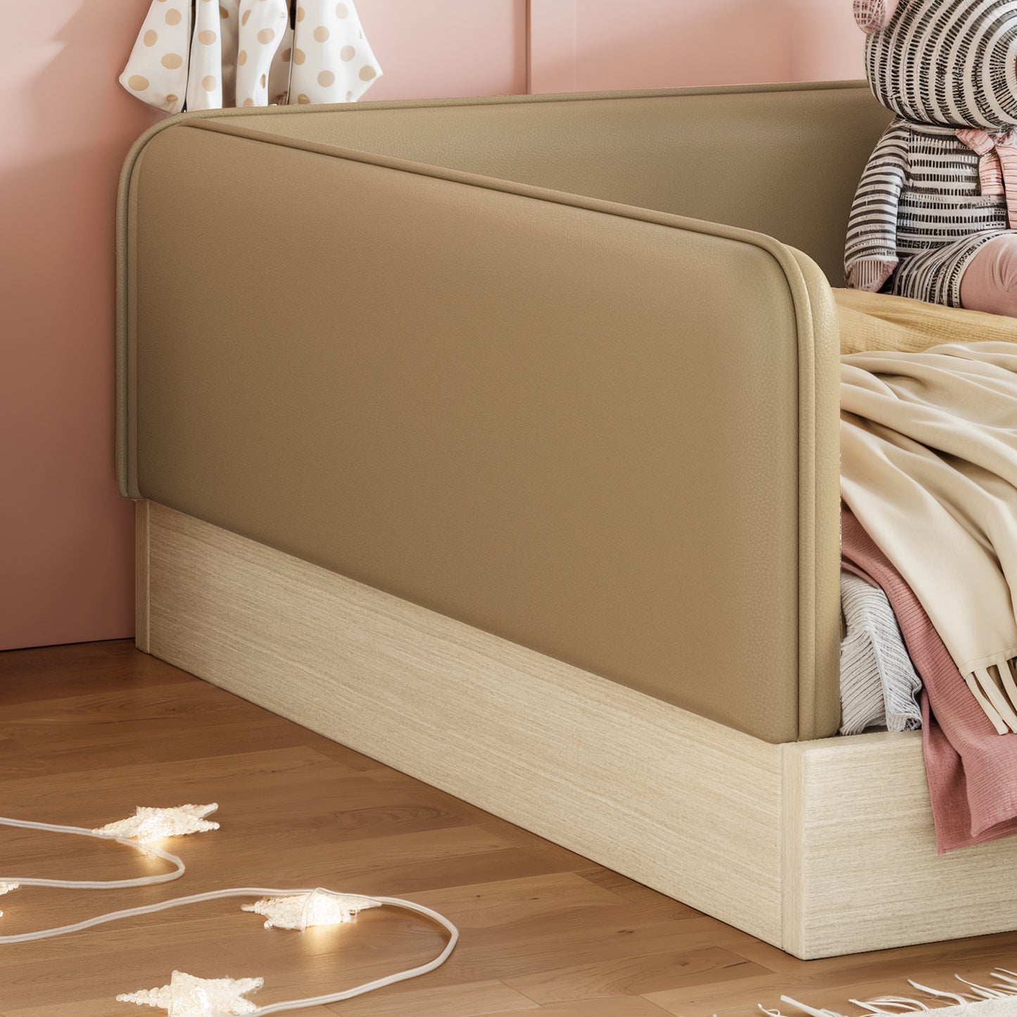 variant-group:rf-w1580s00670|Roomfitters Full Size Upholstered Floor Bed Frame with Removable Guardrails, Faux Leather Low Profile Platform, Brown