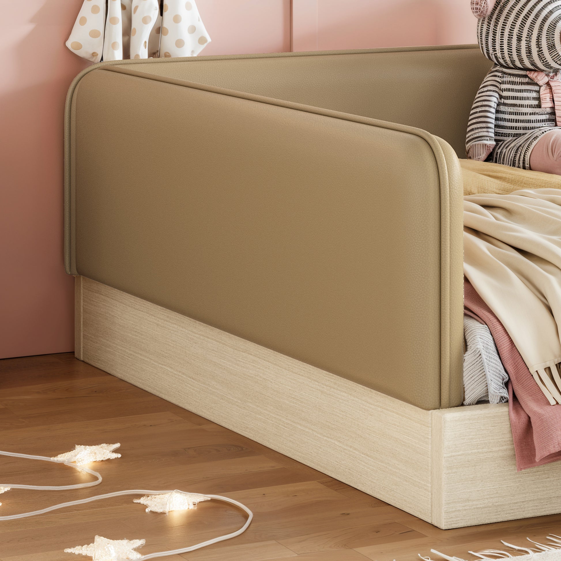 variant-group:rf-w1580s00670|Roomfitters Full Size Upholstered Floor Bed Frame with Removable Guardrails, Faux Leather Low Profile Platform, Brown