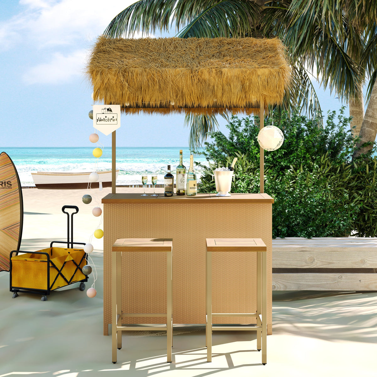 Roomfitters Bar Height Patio Set with PE Grass Canopy, Outdoor Bar Table and Stools, Hawaiian-style Acacia Wood Top, Natural Roomfitters